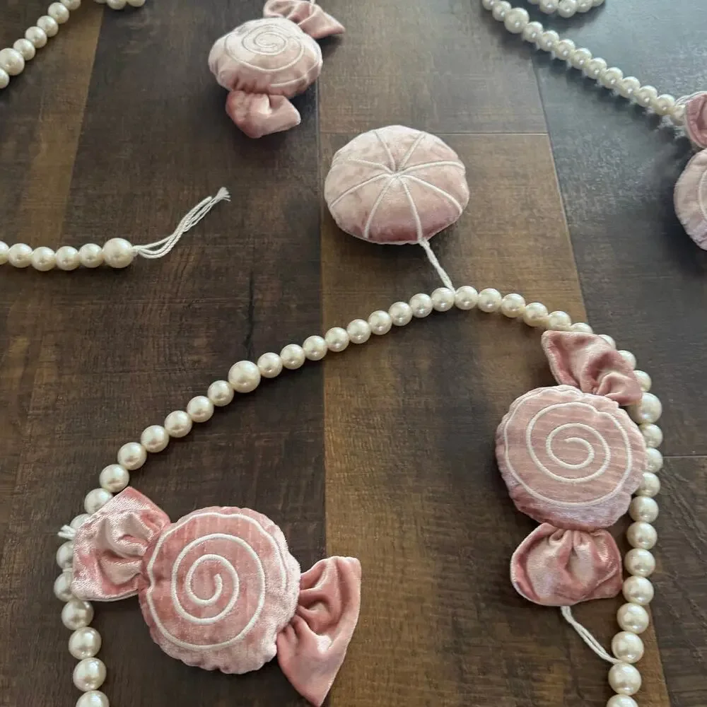 Martha Stewart Candy Shop Christmas Garland Pink Velvet Candy Pearl Bead 6 Ft